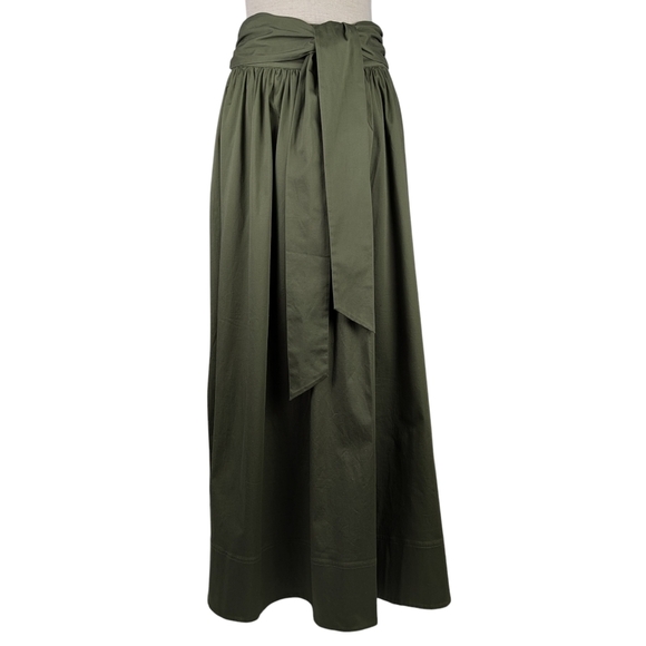 Toccin Sabine Tie Front Midi Skirt Stretch Cotton Pockets Olive S NWT - Picture 3 of 16